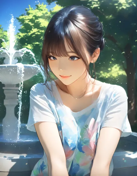 1girl, year 2019, upper body, watercolor, early summer, green park, fountain, blue sky, casual clothes, masterpiece, high score, great score, absurdres, 16k, Ultra detailed, (photorealistic : 0.5)