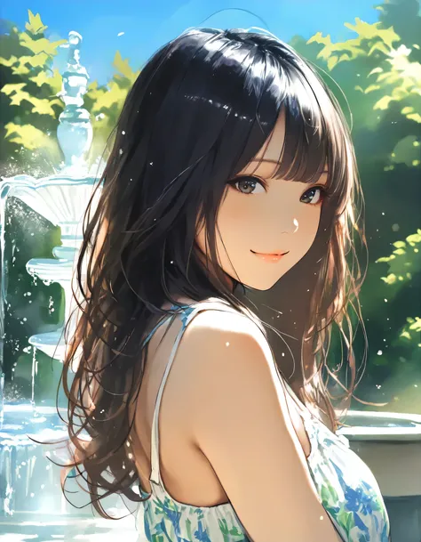 1girl, year 2019, upper body, watercolor, early summer, green park, fountain, blue sky, casual clothes, masterpiece, high score, great score, absurdres, 16k, Ultra detailed, (photorealistic : 0.5)