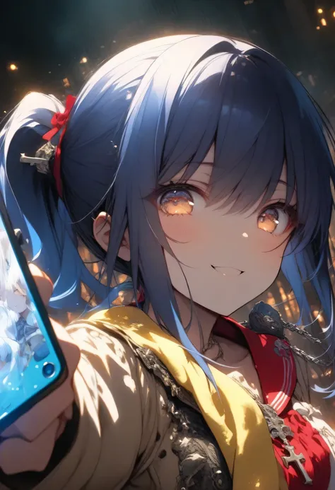 young woman with blue hair in a tall ponytail、shining brown eyes and a ish mischievous smile（One corner of the mouth rises lightly、her eyes are narrowed and shines brightly、cheeks puffy、innocent and adorable expression、eyes full of purity and fun）、red sail...