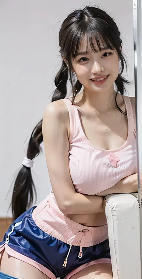 （8k、Raw Picturey、Best Quality、masterpiece：1.2),(dark haired、short twin tail:1.6),reveal 1 showviewer,looking straight ahead,,white skin,{{(schoolgirl wearing wet pink panties and white tight shirt::Smile 1.6}}})： teardrop bags：mascara：Double Eyes ::(Clothe...