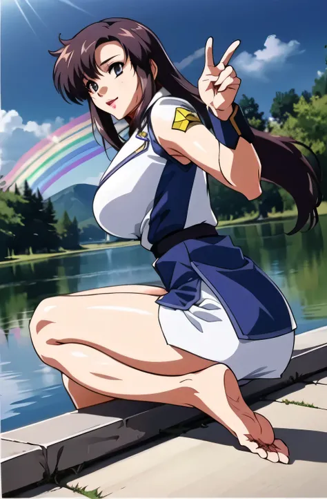 Please draw a back view、A rainbow reflected on the surface of the lake after the rain、face is absolutely necessary，Please give me an accurate representation of her hands and legs,miniskirt，it's not an adult-like charm like a 40-year-old woman，I need a face...
