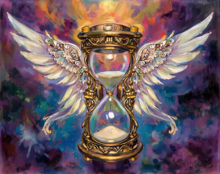 An hourglass with wings, saturated colors, color with polychrome, Multiple color