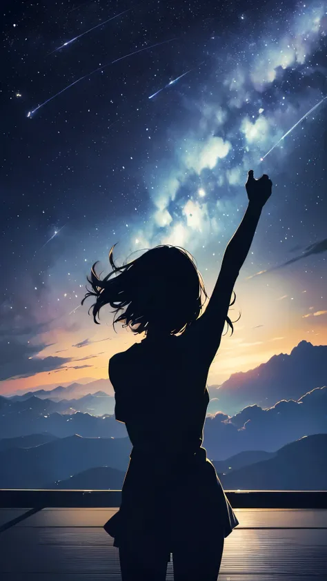 1girl，cowboy shot at classroom gym，((back view))，((masterpiece:1.5))，Best Work of Art，super high resolution，Midwinter Night Sky，The best starry sky，shooting stars，nebula，Milky Way， Milky Way，Strong winds，((32K Ultra HD))，swings in the wind，Arms Spread， Up-...