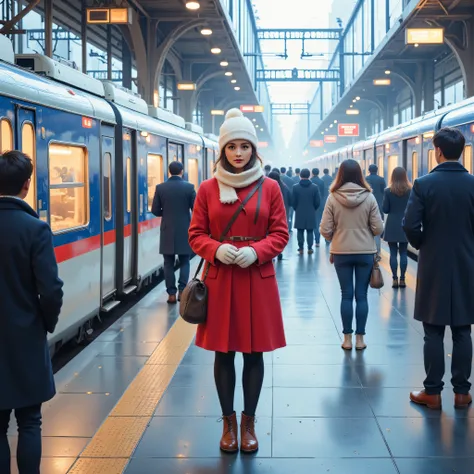 Arrival platform of a Shinkansen station, a woman waiting for her boyfriend to return home, red peacoat, mittens, white Russian hat, scarf, brown short boots, expression of expectation and anxiety