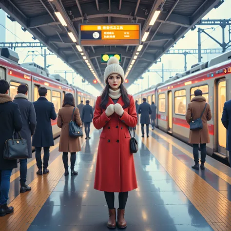 Arrival platform of a Shinkansen station, a woman waiting for her boyfriend to return home, red peacoat, mittens, white Russian hat, scarf, brown short boots, expression of expectation and anxiety