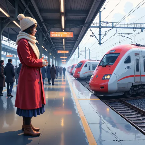 Arrival platform of a Shinkansen station, a woman waiting for her boyfriend to return home, red peacoat, mittens, white Russian hat, scarf, brown short boots, expression of expectation and anxiety