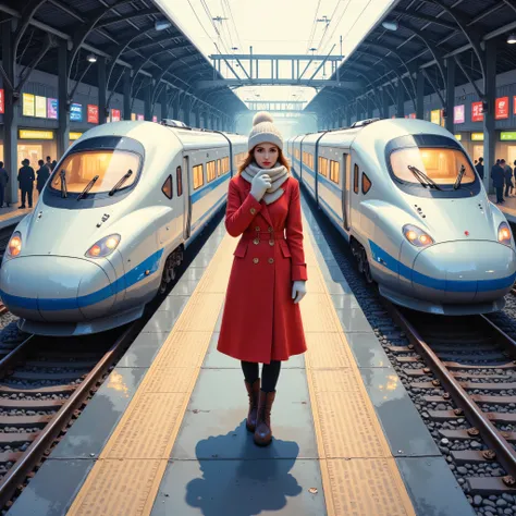 Arrival platform of a Shinkansen station, a woman waiting for her boyfriend to return home, red peacoat, mittens, white Russian hat, scarf, brown short boots, expression of expectation and anxiety