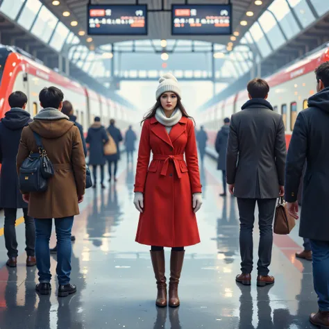 Arrival platform of a Shinkansen station, a woman waiting for her boyfriend to return home, red peacoat, mittens, white Russian hat, scarf, brown short boots, expression of expectation and anxiety