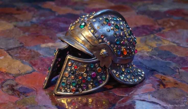 A medieval helmet with embedded gems lying on the floor, saturated colors, color with polychrome, Multiple color, profile view, vista diagonal