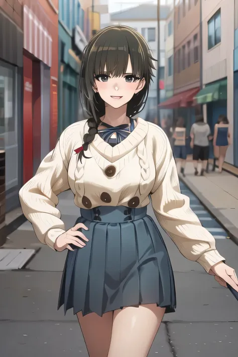 A woman with a lovely smile,,dark haired,Walking Alone, city tour ,,(((, I wear casual clothes inspired by tourists))), ,(Let's draw a more delicate look),(sleeveless wool sweater),( Pleated Miniskirt),(One person is enough for that job) ...