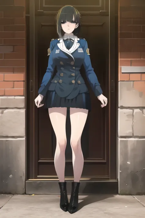 draw her facial expression even more delicately,wearing miniskirt police uniform,Bare legs,Beautiful legs,face is absolutely necessary,Big breasts in a police uniform in a miniskirt,,I have long black hair down, , With a ruthless look, Hitman, Assassin...