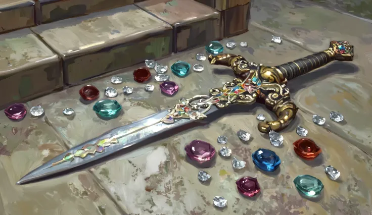 A sword with multicolored gems lying on the ground, long sword