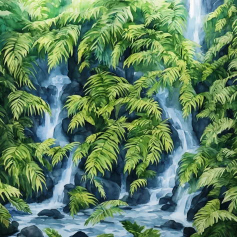 A watercolor painting of a lush jungle. Mild foliage in multiple shades of emerald and lime green, the sky is visible. A waterfall cascades into a pool of crystal-clear water, surrounded by moss-covered rocks and large ferns. The light is dim and filtered ...