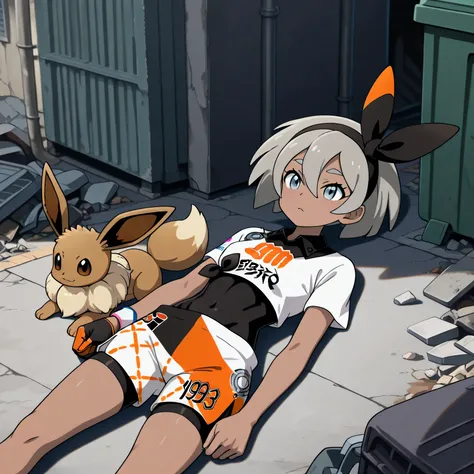 masterpiece, best quality, amazing quality, slums, urban, alley, rubble, trash piles, dumpster, 1girl, zzBea, grey eyes, grey hair, short hair, hair between eyes, black hairband, dark skin, crop top, print shirt, bodysuit, shorts, single glove, laying on b...