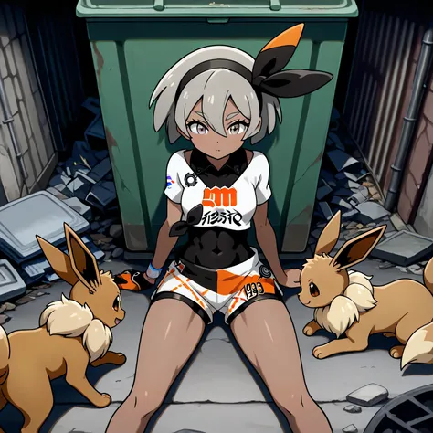 masterpiece, best quality, amazing quality, slums, urban, alley, rubble, trash piles, dumpster, 1girl, zzBea, grey eyes, grey hair, short hair, hair between eyes, black hairband, dark skin, crop top, print shirt, bodysuit, shorts, single glove, sitting, ba...