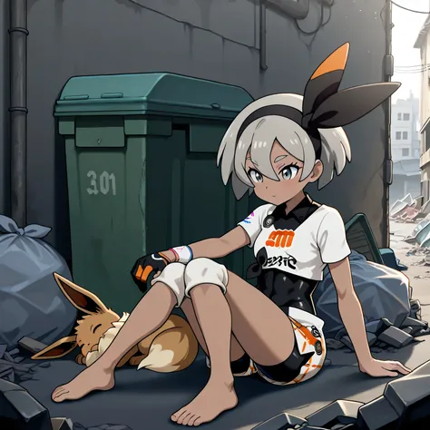 masterpiece, best quality, amazing quality, slums, urban, alley, rubble, trash piles, dumpster, 1girl, zzBea, grey eyes, grey hair, short hair, hair between eyes, black hairband, dark skin, crop top, print shirt, bodysuit, shorts, single glove, sitting, ba...