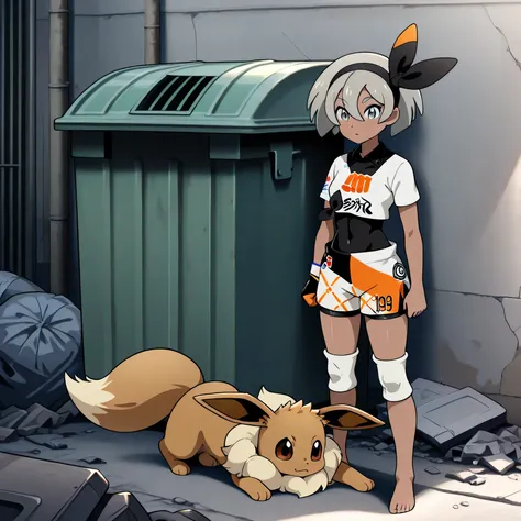masterpiece, best quality, amazing quality, slums, urban, alley, rubble, trash piles, dumpster, 1girl, zzBea, grey eyes, grey hair, short hair, hair between eyes, black hairband, dark skin, crop top, print shirt, bodysuit, shorts, single glove, sitting, ba...