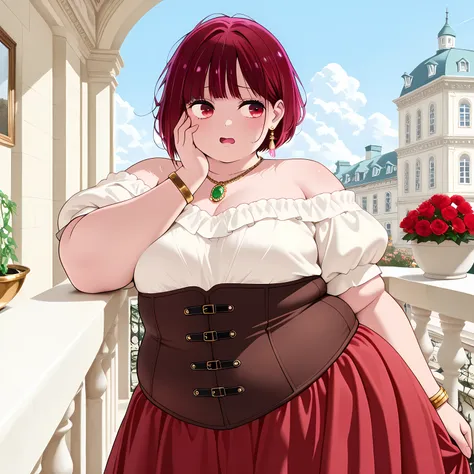 high resolution picture, masterpiece, best quality, amazing quality, official art,  kana arima, 1girl, red eyes, red hair, short hair, small breasts,                  (flat colors, pastel colors)       ,   BREAK (curvy),      messy hair,detailed eyes, gold...