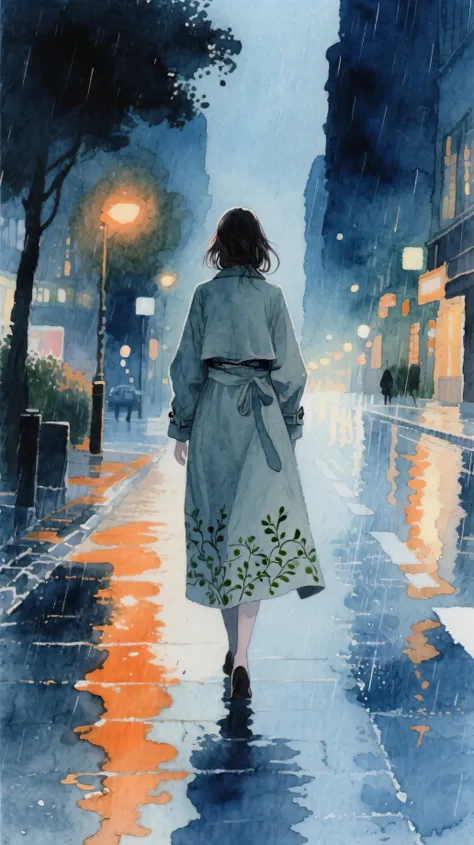 A poetic watercolor painting of a woman walking alone on a rainy night street, seen from behind.  
She wears a flowing long coat, her hair slightly damp from the rain.  
The lower hem of her coat is adorned with subtle vine-like or arabesque patterns, blen...
