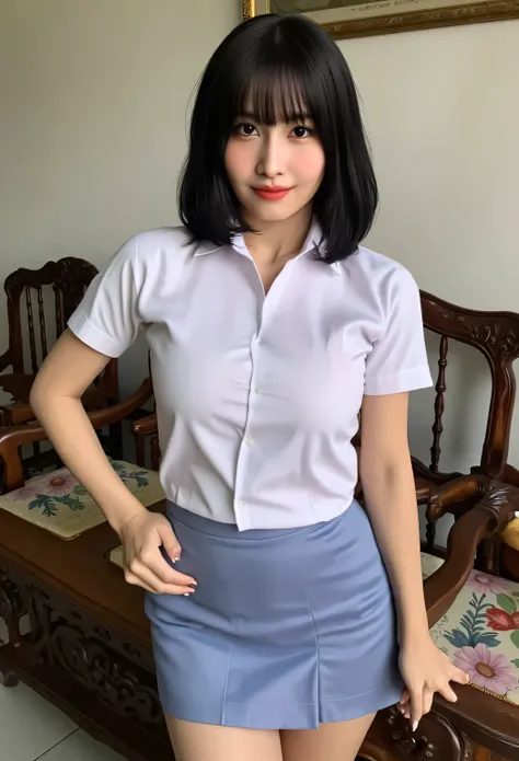 a schoolgirl,  standing in the living room, body looking camera, use white short sleeve indonesian school uniform, rok warna biru muda, payudara besar, rambut hitam pendek, lipstik mera