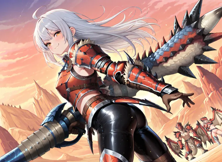 score_9, score_8_up, score_7_up, beautiful fingers, beautiful hands, fingertip, 1 girl, solo, silver hair, long hair, ahoge, golden eyes, Rathalos armor(monster hunter), Rathalos Chest armor(monster hunter), Rathalos Arms armor(monster hunter), Rathalos Wa...
