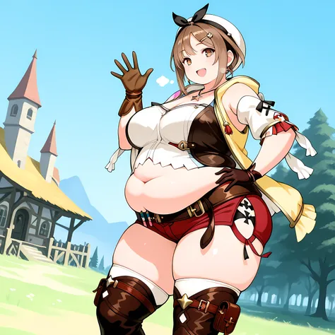 masterpiece, best quality, 1girl, solo, RyzaFirst, short hair, white beret, black bow hairband, hairclip, star necklace, yellow jacket, sleeveless jacket, white shirt, detached sleeves, navel, brown glove, single glove, brown belt, red shorts, thigh pouch,...