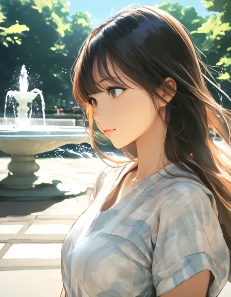 1girl, year 2019, upper body, watercolor, early summer, green park, fountain, blue sky, casual clothes, masterpiece, high score, great score, absurdres, 16k, Ultra detailed, (photorealistic : 0.5)