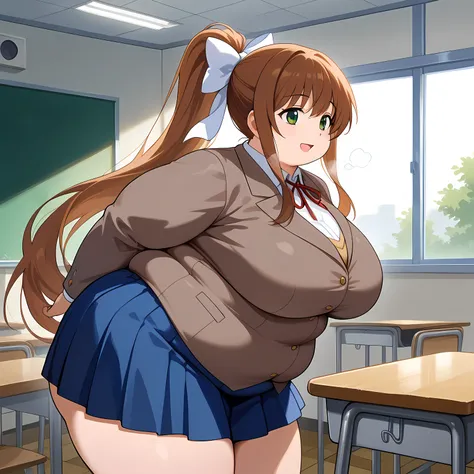 score_9, score_6_up, source_anime, 1girl, solo, cowboy shot, monika, brown hair, green eyes, ponytail, white bow, blazer, collared shirt, blue skirt, light smile, (leaning forward:0.9), (from side:0.5), arms behind back, classroom, very long hair  fat, chu...