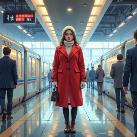 Arrival platform of a Shinkansen station, a woman waiting for her boyfriend to return home, red peacoat, mittens, white Russian hat, scarf, brown short boots, expression of expectation and anxiety