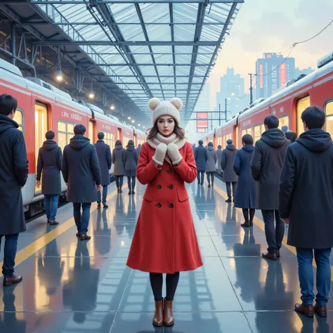 Arrival platform of a Shinkansen station, a woman waiting for her boyfriend to return home, red peacoat, mittens, white Russian hat, scarf, brown short boots, expression of expectation and anxiety