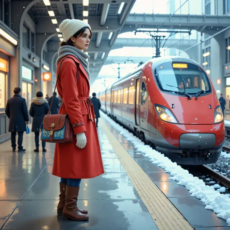 Arrival platform of a Shinkansen station, a woman walking in station waiting for her boyfriend, red peacoat, mittens, white Russian hat, scarf, brown short boots, expression of expectation and anxiety