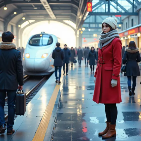 Arrival platform of a Shinkansen station, a woman walking in station waiting for her boyfriend, red peacoat, mittens, white Russian hat, scarf, brown short boots, expression of expectation and anxiety