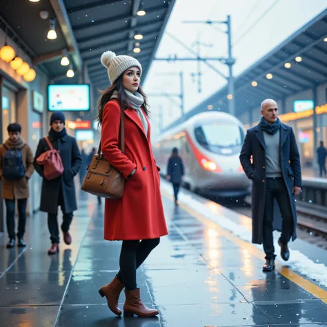 Arrival platform of a Shinkansen station, a woman walking in station waiting for her boyfriend, red peacoat, mittens, white Russian hat, scarf, brown short boots, expression of expectation and anxiety