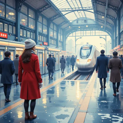 Arrival platform of a Shinkansen station, a woman walking in station waiting for her boyfriend, red peacoat, mittens, white Russian hat, scarf, brown short boots, expression of expectation and anxiety