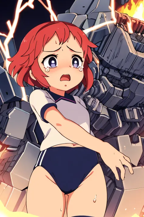 cockpit_explosion, fire, electricity, screaming, explosion, science fiction, wide-eyed, tearing clothes, standing, , scared, sweat, crying, mecha, torn clothes, tears, cockpit,1girl、wearing black gymnastics bloomers,high leg,white blouse,cowboy shot,self w...