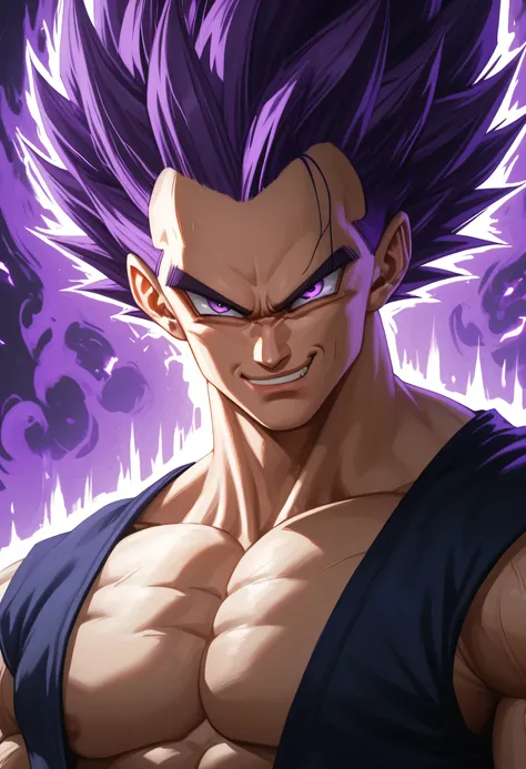 Vegeta, muscular, Ultra Ego form, purple hair, violet eyes, purple aura, smirk