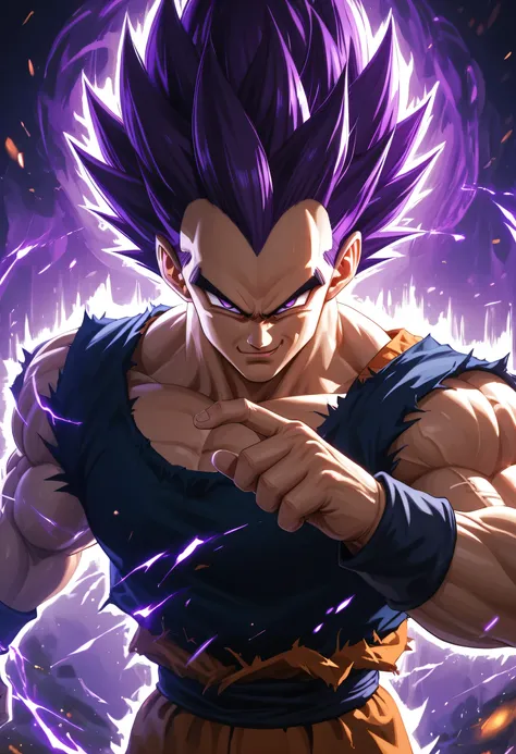 Vegeta, muscular, Ultra Ego form, purple hair, violet eyes, purple aura, smirk, action pose