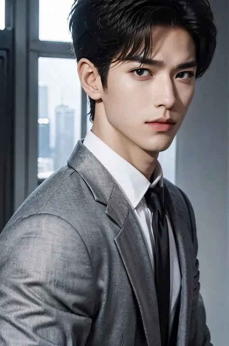 city birdview from a talk building, (((Medium Wide Shot))), 25 year old Naruto is a true masterpiece with masculine beauty, perfect anatomy. charming attractive eyes, Perfect lines, 8K quality, black hair, wearing dark gray suit, wearing a black tie, short...