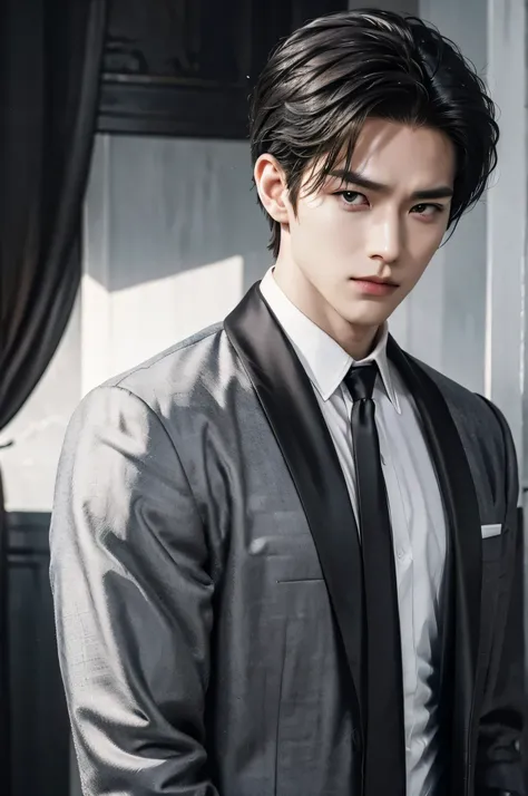 cityscape view, ((Medium Wide Shot)), 25 year old Naruto is a true masterpiece with masculine beauty, perfect anatomy. charming attractive eyes, Perfect lines, 8K quality, black hair, wearing white shirt and dark gray suit, wearing a black tie, short hair,...