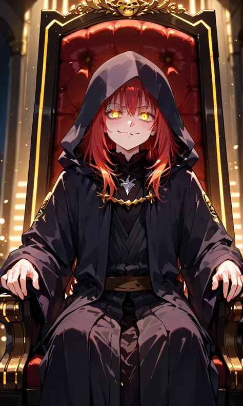 masterpiece, best quality, , semi-realistic, , depth of field, 1boy, solo,  rimuru_tempest, yellow eyes, long hair, bangs, hair ween eyes,rimuru_tempest, red orange hair, Sith eyes, long hair, bangs, hair ween eyes, androgynous,rimuru_tempest, yellow-red-b...