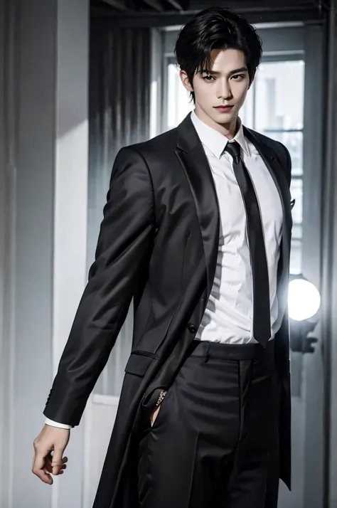 cityscape view, ((Medium Wide Shot)), 25 year old Naruto is a true masterpiece with masculine beauty, perfect anatomy. charming attractive eyes, Perfect lines, 8K quality, black hair, wearing white shirt and dark gray suit, wearing a black tie, short hair,...