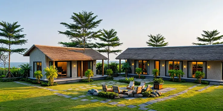 Country house, Bali island resort style,earth wall,Walls are covered with earth, walls are brown, walls are painted with red earth effect,thatched roof house, palm roof, thatched roof, spotlight interior lights, Taiwanese almond tree, coconut tree, yard gr...