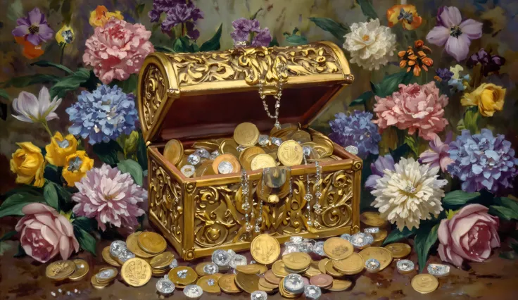 chest with coins lying on the floor, there are diamonds around the chest, necklaces, surrounded by flowers , lots of flowers , colorful flowers all around, lots of flowers