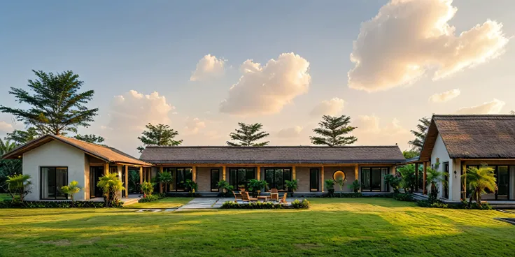 Country house, Bali island resort style,earth wall,Walls are covered with earth, walls are brown, walls are painted with red earth effect,thatched roof house, palm roof, thatched roof, spotlight interior lights, Taiwanese almond tree, coconut tree, yard gr...