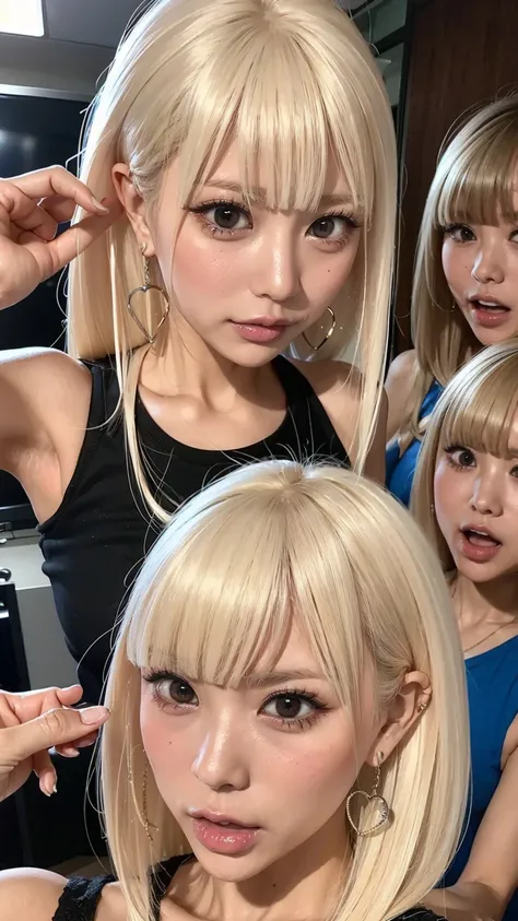 platinum blonde with an angry expression、3人はAngry Faceで私たちを見つめながら密着しています、look at me。Angry Face、please open your mouth wide、 Please bring your face closer to the front、 gather in the middle with a surprised face、Please open your mouth wide、 Please bring you...