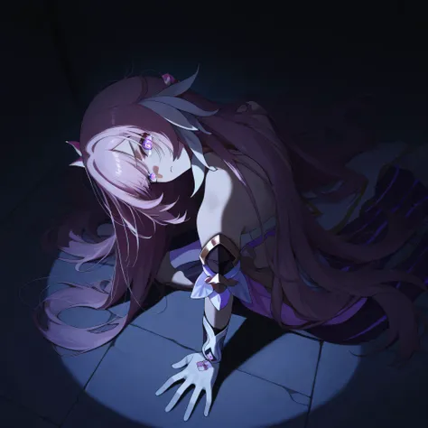 elysia herrscher of human ego ,1girl, head tilt, long hair, messy hair, hair scattered on floor, anger, dark atmosphere, NO lighting, dark, serious expression, angry feeling, tears, detailed eyes, detailed face, best quality, kneeling on floor, hand on flo...