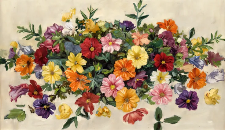 Flowers scattered on the ground, colorful flowers, flowers with saturated colors, multicolored flowers