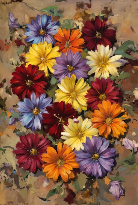 Flowers scattered on the ground, multicolored flowers, flowers with saturated colors, flowers with lots of bright colors