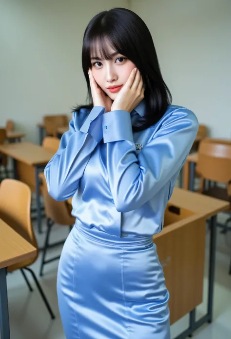 a female student , standing in classroom, tangan menutup , use long sleeve tight indonesian school uniform, long pencil skirt up to the toe satin material light blue,  besar, lipstik merah