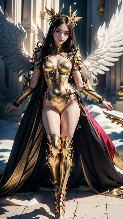 a close up of a girl in a pink costume with wings,  Knights of the Zodiac, elegant corpo rosa,  elegant pink armor ,  metallic goddess Athena , O Marinheiro Galaxia. bonito, venus deusa atena, wearing Witchblade, light gold armor,  shiny gold bikini,  ange...